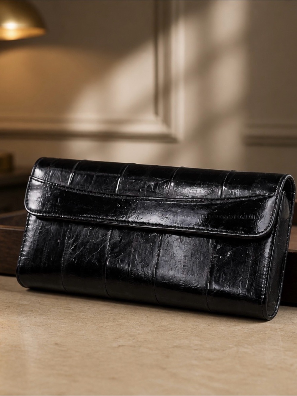 Elegant Vintage Classic Soft Black Leather Wallet with Glossy Finish